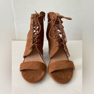 Steve Madden Cognac Suede Lace-Up Open-Toe Block Heels
